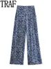 Damenhose Capris traf blauprint weite bein Frauen hohe taillierte Hosen lässige Baggy Frau Mode Summer Set 230812