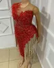 Dresses 2023 Red Sheath Graduation Dress Beaded Lace Feather Crystals Homecoming Party Formal Cocktail Prom Bridesmaid Gowns Dresses ZJ427