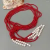 Chains 3 Rows 4mm Red Coral Cultured White Pearl Lariat Long Sweater Chain Necklace 50"