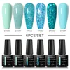 Nail Art Kits MEET ACROSS Glitter Blue Series 6Pcs Gel Polish Set Varnishes Kit Semi Permanent Soak Off UV LED Lacque