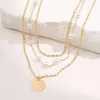 Chains Vintage Pearl Round Plate Pendant Necklace Overlay Gold Color Three Layers Collar Chain