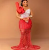 2023 August Aso Ebi Red Mermaid Prom jurk Lace kristallen avond formeel feest tweede receptie verjaardag verloving jurken jurken jurken robe de soiree zj792