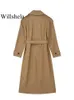 Trench Coats Willshela Women Fashion avec ceinture Brune Brown Double Breasted Long Vintage Not Necy Neck Sleeves Femme Chic Lady 230812