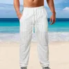 Erkekler Pantolon Erkekler dikey çizgili baskı Uzun Elastik Bel Bandı Drawstring Cepleri Düz Bacak Gündelik Pantolon Sokak Giyim