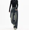 Streetwear Retro Mode Frauen hohe Taille Jeans Lose breites Bein gerade lose Denimhose Baggy Hosen