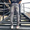 Erkek kot pantolon yüksek sokak moda erkekler retro koyu gri streç sıska yırtık siyah deri yamalı tasarımcı hip hop pantolon