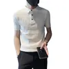 Męska męska dzianina koszula polo modna krótka rękaw z tkaniną dekorację Dekorację swobodną szczupłą koszulę golfową z guzikami 230812