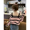 Tricots pour femmes Korejepo Pink Stripe Sweater Off Bounder Coat Automne Super Belle Morme tricotée à manches longues