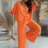 Women's Two Piece Pants Women Three Quarter Sleeve Tops Loose Long Suit 2023 Casual Streetwear Elastic Waist Set Female Solid Chic Trousers