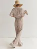 Kvinnors tvåbitar byxor Elegant Plaid Blus 2 Pieces Set Women Outfit Short Sleeve Top med Long Print Suits Brown Fashion Casual Set