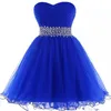 Abiti da ballo in organza Abiti da ritorno a casa Abiti da sera corti con perline eleganti blu royal Abiti da festa con lacci3396