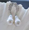 Dangle Earrings Z11851 Lustre 22mm White Drop Edison KESHI Pearl Leaves CZ Earring