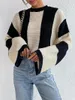 Women's Sweaters 2023 Autumn Round Neck Knit Sweater Ladies Stripe Contrast Flare Sleeves Fashion Small Commuter Outerwear Top