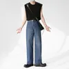 Herr jeans breda ben män hög midja koreanska modebyxor spring rakt klippt löst retro denim streetwear vintage byxor d20