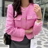 Damesjassen Clothland Women Elegant Pink White Tweed Jacket Lange mouw Pocket Single Breasted Coat Outdarse Tops Mujer CA791