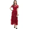 Women's Runway Dresses O Neck Short Sleeves Ruffles Embroidery Layered Elegant Long Party Prom Gown