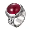 Cluster Rings S925 Silver Simple Art Wide Edition Round Egg Face Red Corundum Opening Design Elegant and Style Ring