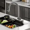 Waterfall Kitchen Faucet Pull-Out mässingstemperatur Digital Display Big Hot Cold Water Tap Rotation Single Hole kran