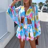 Suits de survêtement pour femmes Summer V Deep Neck Beach Style Two Pieces Set Femmes Lantern Sleeve Loose Tops Shorts Tenues Elegant Female Streetwear