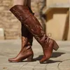 أحذية رعاة البقر للأحذية للنساء أزياء بني أحذية بنية الركبة الكعب العالي المطرز مثير شتاء دافئ zip femme الأحذية المصنوعة يدويا الحجم 43 230812