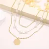 Chains Vintage Pearl Round Plate Pendant Necklace Overlay Gold Color Three Layers Collar Chain