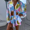 Suits de survêtement pour femmes Summer V Deep Neck Beach Style Two Pieces Set Femmes Lantern Sleeve Loose Tops Shorts Tenues Elegant Female Streetwear