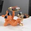 Decoratieve objecten Figurines Liggen Black Franse Bulldog Butler met dubbele gouden metalen dienbladhonden beelden en sculpturen kamer decor thuis standbeeld ornament 230812