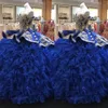 2023 vestido de baile deslumbrante vestidos quinceanera azul royal e dourado bordado organza bordado ruffle Princess Sweet 16 Dress P2763