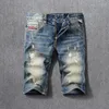 Jeans masculino designer de moda de verão masculino shorts retro azul destruído rasgado curto vintage casual algodão jeans hombre