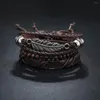 Charmarmband vintage läder armband män set pu produkt fjäder trä pärla pull cord smycken