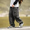 بنطلون جينز للرجال Houzhou Cargo Pants Patchwork Excerize Wide Leg denim Prouts Male Black Japanes