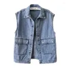 Women's Vests Korean Vintage Blue Denim Vest Women Student Waistcoat Big Pocket Cowboy Sleeveless Jacket Loose Mid Length Jeans Female