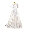 2023 White Print Panelled Satin Dress Short Sleeve Stand Collar Buttons Long Maxi Casual Dresses S3G120809