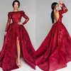 Sparkly Long Sleeves Sequins Lace Prom Dresses Backless Sweep Train Evening Party Red Carpet Gowns Plus Size Vestidos De Fiesta BC291n