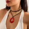 Personality Black Red Hollow Big Water Drop Pendant Necklace for Women Adjustable Leather Rope Choker Y2K Jewelry Party