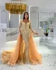 Eleganti abiti da sera sirena di champagne overskirt cristallo perle maniche lunghe abito da ballo lungo vestito per un'occasione speciale