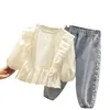 Clothing Sets Girls Fall Casual Set Korean Style Outfit Fashion Lace Tops Pearl Jeans Two Piece Kids Party Long Sleeve Cotton Suits 230814