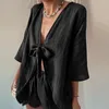 Kvinnors T -skjortor Summer Sexig Deep V Lace Up Top With Shorts Pyjama Suits Simple Casual Solid Two Piece Set Fashion Loose Homewear Outfit