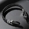 Bedelarmbanden mode echte lederen armband mannen punk hiphop sieraden roestvrijstalen schedels met stalen schang gebogen polsband man p525