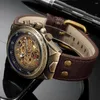 Relógios de pulso de estilo retrô masculino automático relógio mecânico esqueleto steampunk band de couro genuíno masculino de pulso de forma própria relloj hombre