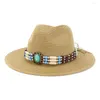 Bérets Summer Men's Men's's Sun Protection Visor Paille Chapeau de paille en plein air Jazz Panama Big Brim avec perle Belt Belt