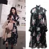 Lässige Kleider kpop koreanische Sänger Sommer Vintage Blumendruck Lange Frauen eleganter Urlaubsstil Dame Ärmel A-Line