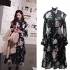 Casual Dresses Kpop Korean Singers Summer Vintage Floral Print Long Women Elegant Holiday Style Lady Sleeve A-line