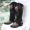 Boots Vintage Shaped Flowers Embroidery Bootes Women Western Cowgirls Cowboy Boots Casual Work Riding Chunky Heel Boot Ladies 230812