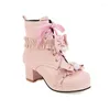 Stiefel Lolita Stil süßer Knöchel weiß rosa Frauen Ruffen Schmetterlingsknoten gekreuzt dicker Block High Heels Party JK Schuhe Prinzessin Prinzessin