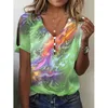 Women's T Shirts 2023 Summer Tie Dyed Short Sleeve Pullover Sexy V-Neck Top Fashion Off Shoulder Plus Size Casual T-Shirt