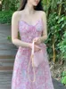 Casual Dresses Pink Print Elegant Fairy Dress Women Chiffon Sweet Vintage Beach Midi Female Ruffle Korean Style Strap 2023