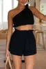 Women's Shorts 2023 Solid Set Summer Casual Two Pieces Sets Women One Shoulder Tops And Elastic Waist High Mini