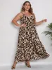 Plus Size Dresses Leopard For Women Spaghetti Strap V Neck High Waist Sleeveless Irregular Ankle-Length Sexy Evening Party Gowns