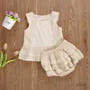 Conjuntos de roupas 0-4years criança bebê menina verão conjunto sem mangas rendas pacthwork sólido top shorts 2pcs outfit